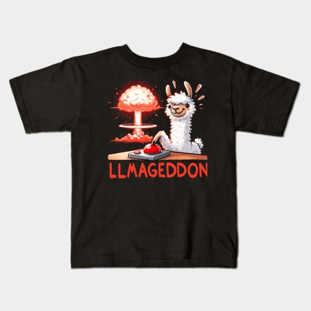 Llamageddon Llama (Back Print) Kids T-Shirt by DoodleDashDesigns